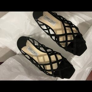 Authentic Jimmy Choo Sai Black Suede Caged Flats